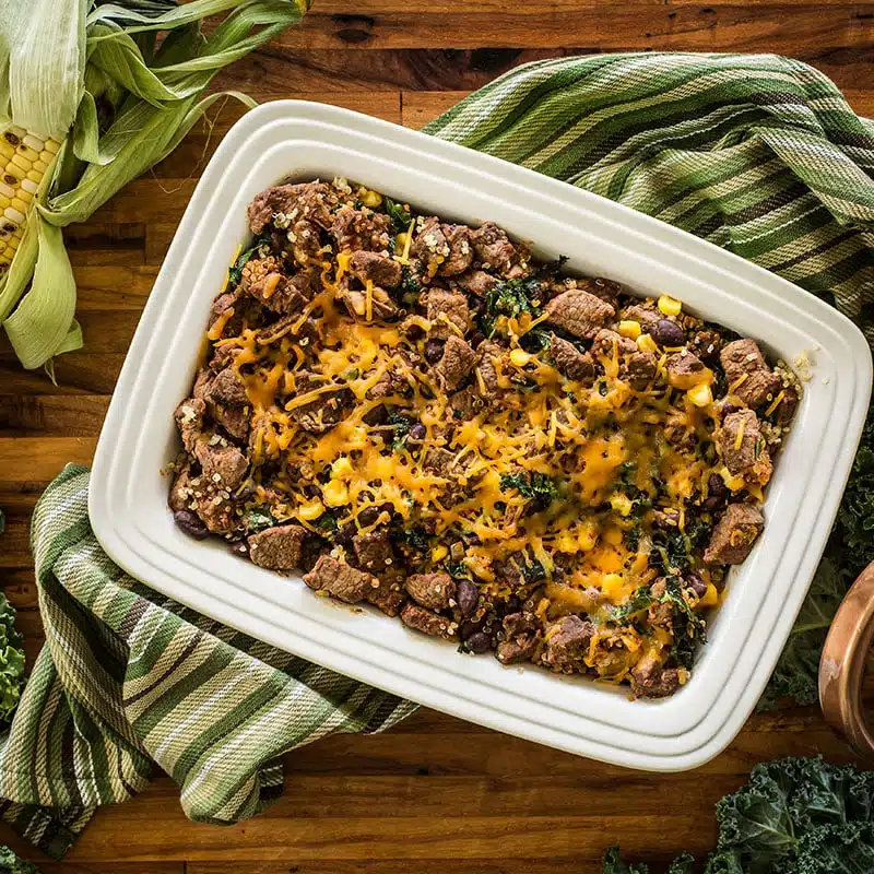 Halal ground beef quinoa casserole with vegetables for healthy protein-packed family dinner