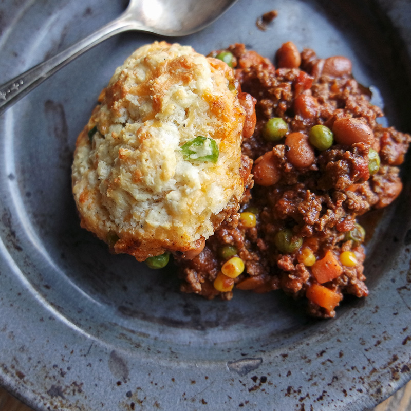 Cowboy Casserole with Cheddar Jalapeño Biscuit Crust