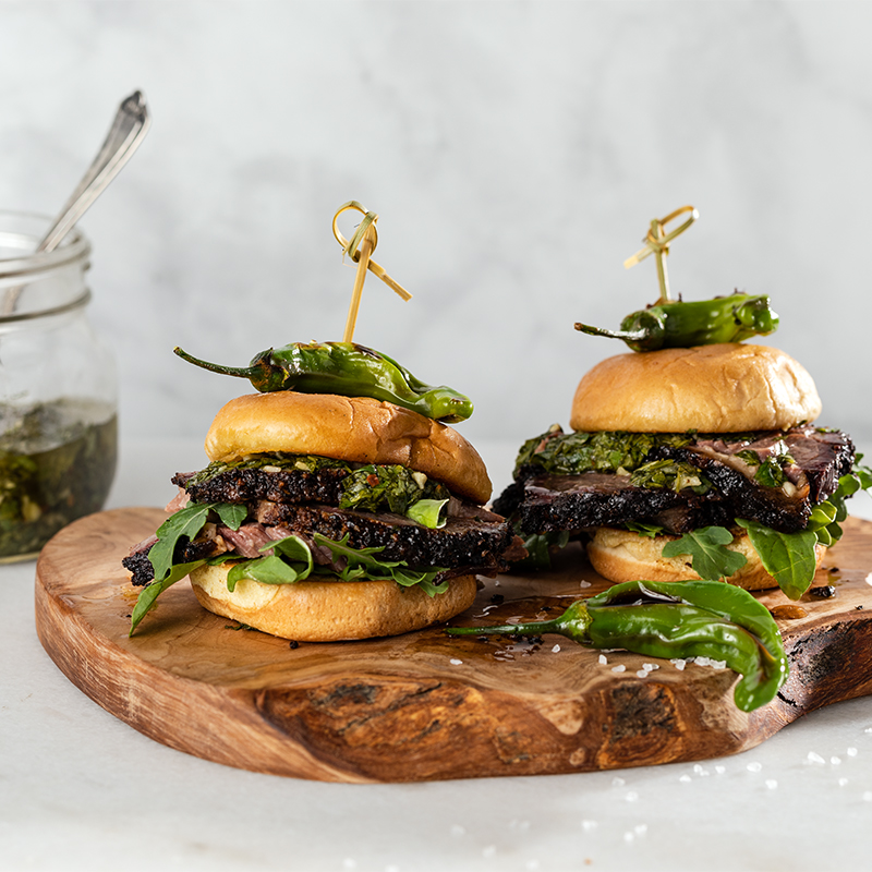 Brisket Sliders with Chimichurri and Blistered Shishito Peppers