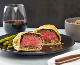 BBQ Beef Wellington with Grilled Asparagus and Pan Fried Smashed Potatoes