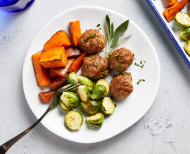 Sheet Pan Beef and Zucchini Meatballs with Maple-Lemon Brussels Sprouts and Sweet Potatoes