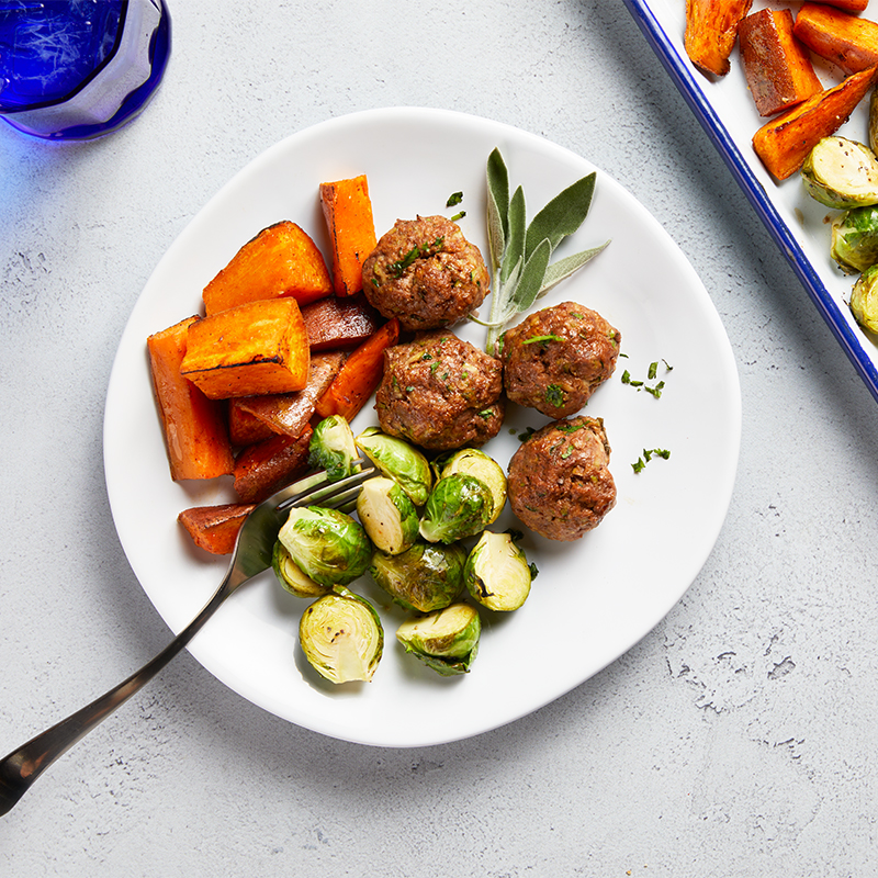 Sheet Pan Beef and Zucchini Meatballs with Maple-Lemon Brussels Sprouts and Sweet Potatoes