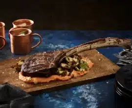 Tomahawk Steak with Grilled Brussels Sprouts and Sweet Potato Purée